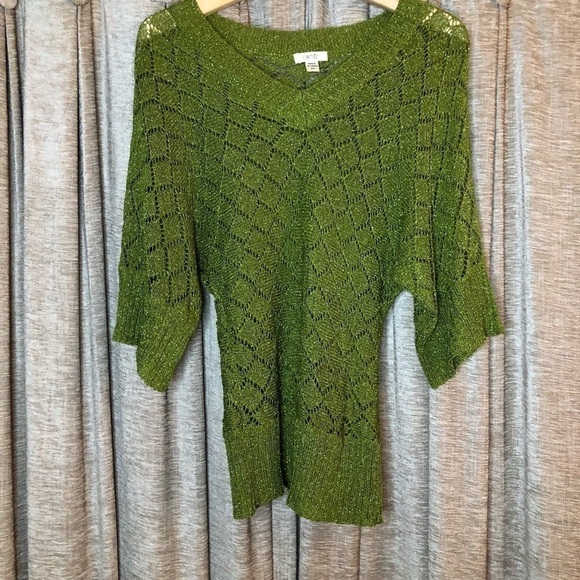 Cache Green Metallic Dolman Sleeve Open Crochet Knit Banded Bottom Top Size XS - Picture 2 of 10